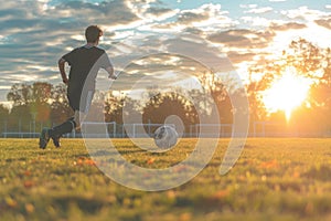 A young man vigorously kicking a soccer ball on a grassy field under a clear sky, A soccer player practicing drills in an empty