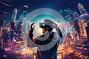 Young man with virtual reality headset or 3d glasses over cityscape background, Man playing video games with virtual reality