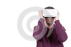 Young man with vr headset on white background