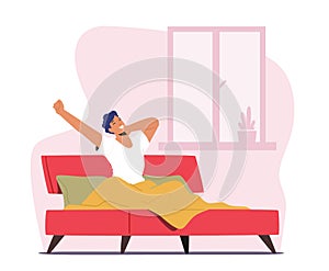 Young Man Waking Up at Morning in Good Mood. Awaken Happy Male Character Stretching Body Sitting on his Bed in Bedroom