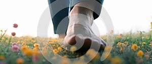 A young man walking barefoot in a meadow full of flowers Close-up photograph of the lower leg and bare feet