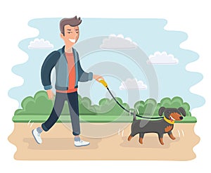 Young man walking dog. Modern flat illustration.