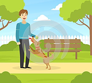 Young Man Walking with Dog in Summer Park in Sunny Day Flat Vector Illustration