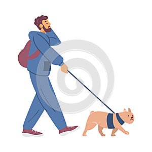 Young man walking his dog and talking phone, flat vector illustration isolated.