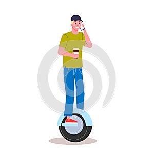 Young man walking with scooter holding coffee cup and chating