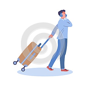 A young man walks with luggage and talks on the phone. Yellow bag on wheels. Hand graw Isolated cartoon. vector