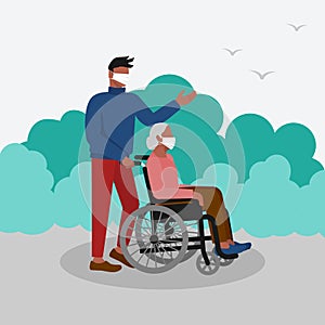 Young man walks in park with elderly woman in wheelchair