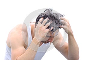 Young Man Washing Hair Head with Shampoo Foam