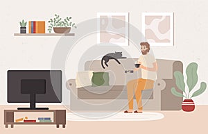 Young man watch TV. Drinking tea and watching televison show, spending weekend on sofa vector illustration