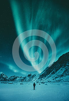 Young man watching Aurora Borealis in winter, Lofoten, Norway