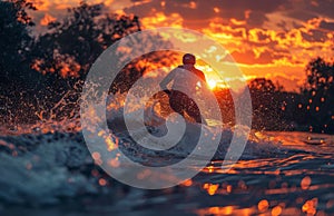 Young man water skiing on lake at sunset