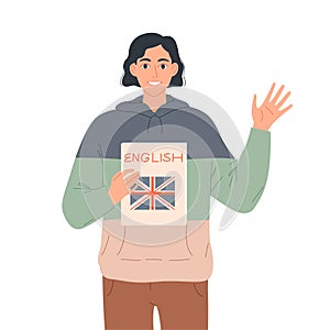 Young man waving his hand in welcome, calling to learn English