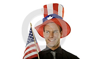 Young man wearing 4th of July hat
