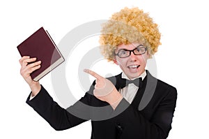 Young man wearing afro wig