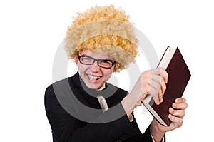 Young man wearing afro wig