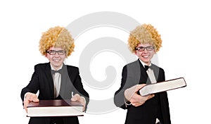 Young man wearing afro wig