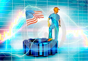 Young man wearing apron and flag of USA