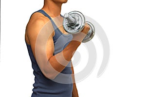 A young man wearing a gray vest lifting a dumbbell isolated on white background