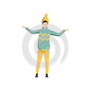 Young man wearing a knitted sweater and hat, guy in autumn outwear casual clothes vector Illustration on a white
