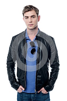 Young man wearing leather jacket