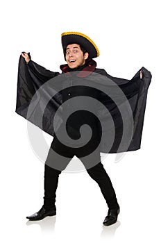 Young man wearing tricorn and coat isolated on