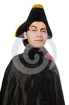 Young man wearing tricorn and coat isolated on