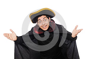 Young man wearing tricorn and coat isolated on