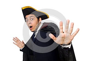 Young man wearing tricorn and coat isolated on