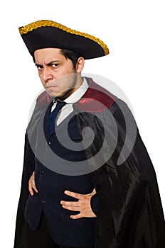 Young man wearing tricorn and coat isolated on