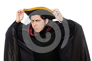 Young man wearing tricorn and coat isolated on