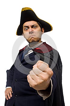 Young man wearing tricorn and coat isolated on