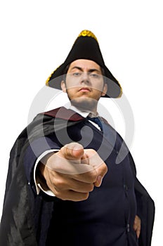 Young man wearing tricorn and coat isolated on