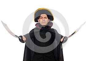 Young man wearing tricorn and coat isolated on