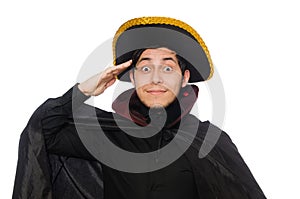 Young man wearing tricorn and coat isolated on