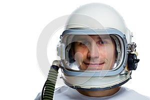 Young man wearing vintage space helmet