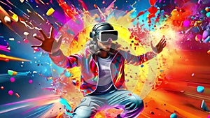 Young man wearing virtual reality glasses and dancing in colorful splashes of paint. Augmented reality