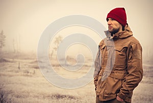 Young Man wearing winter hat clothing outdoor