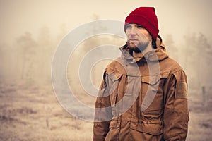Young Man wearing winter hat clothing outdoor