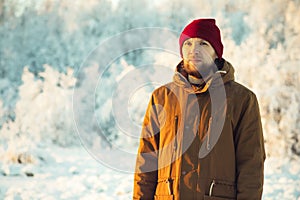 Young Man wearing winter hat fashion clothing outdoor