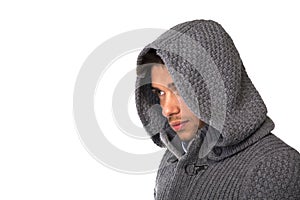 Young man wearing winter hoodie sweater