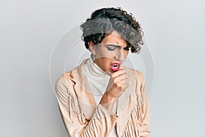 Young man wearing woman make up and woman clothes feeling unwell and coughing as symptom for cold or bronchitis