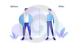 Young man before and after weight loss comparison isolated character. Getting over the obesity by slimming down