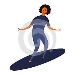 Young man in wetsuit surfing on surfboard cute cartoon character illustration.