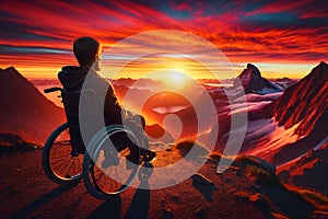 Young man in a wheelchair on top of a mountain looking at the red sunset