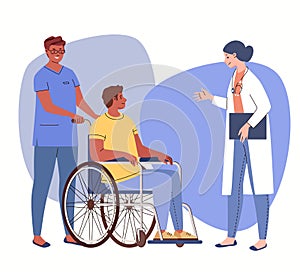 Young man in wheelchair is treated and cared for by hospital staff, doctor and nurse.
