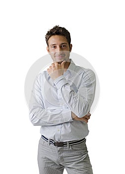 Young man with white shirt, hand on his chin