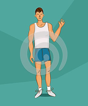Young man in white shirt with normal body build. Comic cartoon illustration for diet and nutrition, weight loss, health and good
