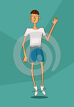 Young man in white shirt with underweight. Comic cartoon illustration. Unhealthy nutrition article image. Vector character