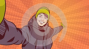Young Man In Winter Clothes Take Selfie Photo Pointing hand To Copy Space Over Colorful Retro Style Background