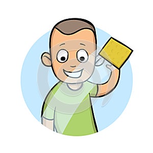 Young man wipes a window or a car glass with a damp cloth. Cartoon vector illustration, isolated on white.